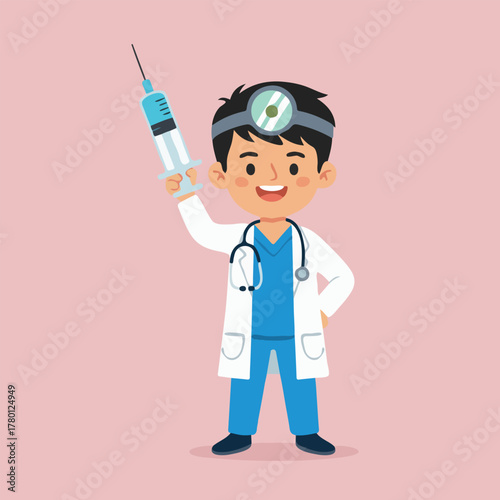 A friendly cartoon boy doctor in a white coat holding a large syringe and smiling.