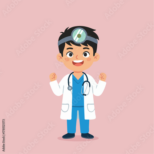 Happy Cartoon Boy Doctor with Stethoscope and Head Mirror Giving Thumbs Up.