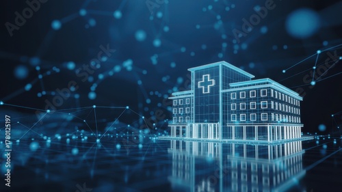 Digital hospital building with futuristic network connection and data transfer