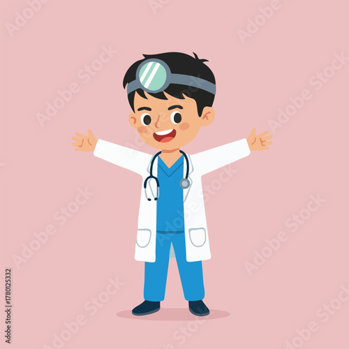 Smiling Cartoon Boy Doctor Character with Stethoscope and Head Mirror.