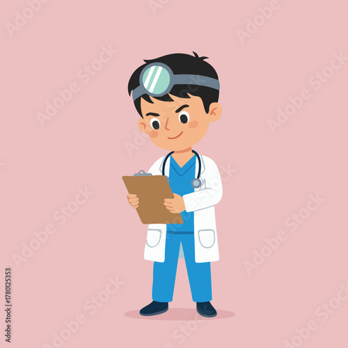 Cartoon Doctor Holding Clipboard Wearing Stethoscope and Headlamp.