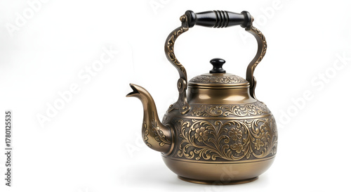 Ornate Bronze Kettle with Black Handle on White Background