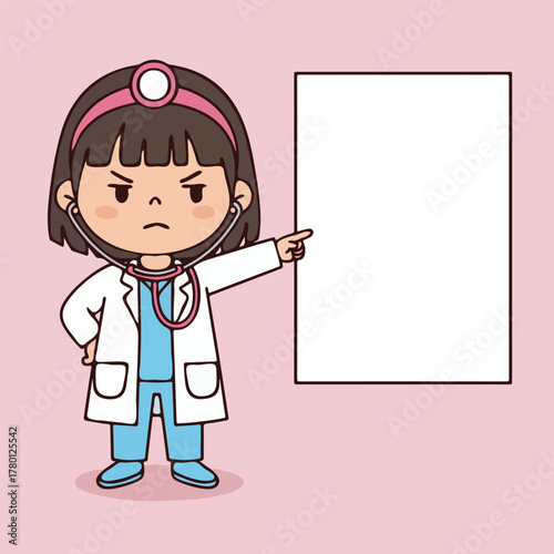 Cartoon doctor with stethoscope pointing at blank board.