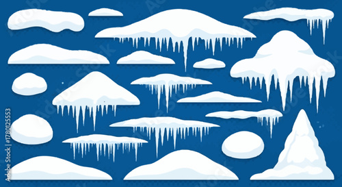 Snowy winter landscape illustration with mountains and icicles scene