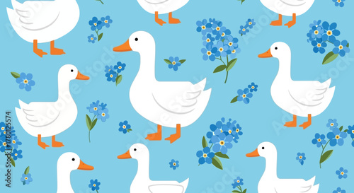 Duck and Forget-Me-Not Floral Pattern on Blue Background