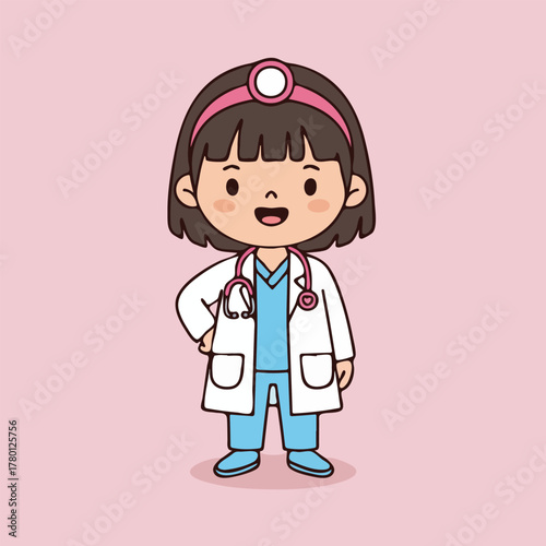 Cartoon Doctor Girl with Stethoscope and Headband Wearing a White Coat and Blue Scrubs.