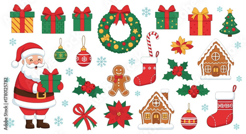 Festive Christmas Pixel Art Santa Claus, Gifts, and Gingerbread Houses