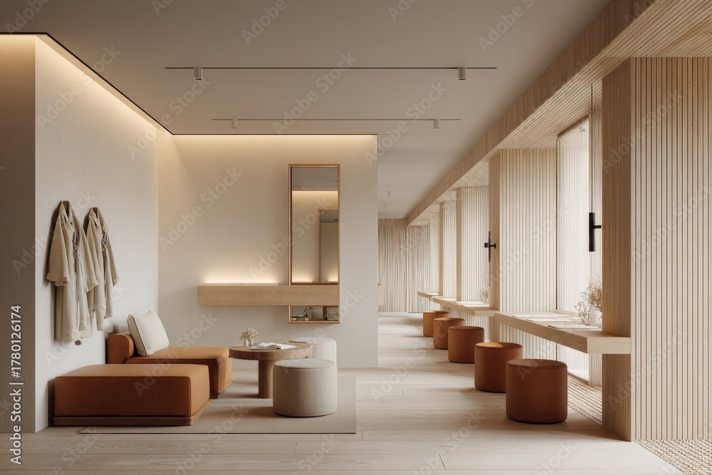 Obraz premium Modern spa waiting area with minimalist design featuring comfortable seating and serene aesthetic ambiance