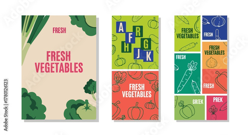 Colorful vegetable cover designs for books and journals, promoting healthy food and farm fresh produce