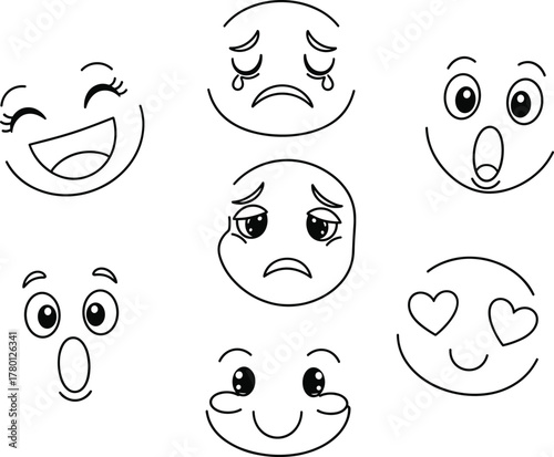 Cartoon emotion face icon set with happy, sad, love, surprised, confused, anxious, shocked expressions for mood and reaction