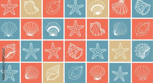 Ocean-Themed Seamless Pattern with Shells and Starfish A Colorful Repeating Design