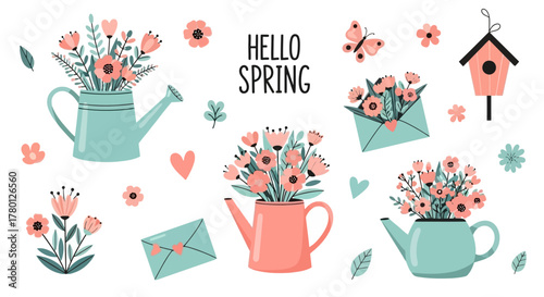 Hello Spring Watercolor Floral Arrangements with Watering Cans, Envelopes, and a Birdhouse