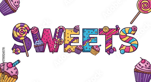 Colorful sweets wordmark design with vibrant candies and cupcakes, perfect for desserts and treats