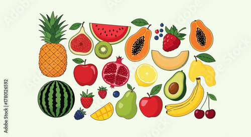 Variety of Fresh, Colorful Fruits Pineapple, Watermelon, Strawberries, and More