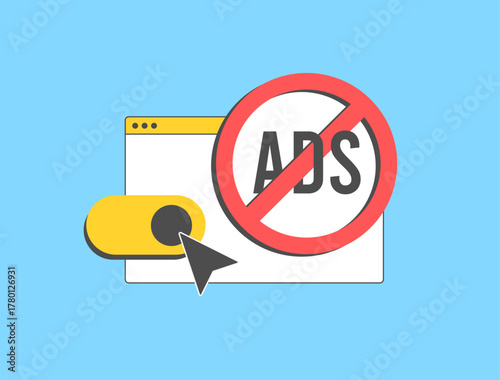 Online privacy and data protection concept with ad-free browsing, safe internet experience, and digital security tools preventing unwanted content, flat design vector illustration.