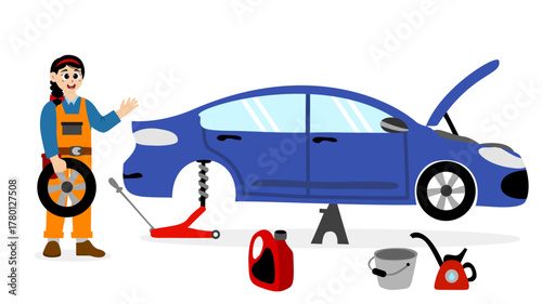 Car service station. Mechanic at a garage workshop. Wheel and tire installation services. Transportation solutions, tire maintenance. Car repair and service. Mechanic repairs and diagnostics car 