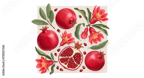 Vibrant Pomegranate Illustration A Detailed Depiction of Fruits, Flowers, and Leaves