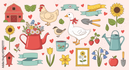 Charming Garden Delights A Whimsical Illustration of Farm Life with Floral Accents and Countryside Elements