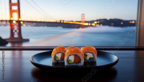 Fresh salmon and cream cheese sushi rolls topped with colorful roe, beautifully arranged on a dark plate, with the iconic Golden Gate Bridge visible at sunset