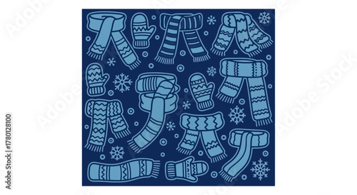 Winter fashion essentials A pattern featuring scarves and mittens in shades of blue with snowflake details