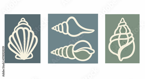 Coastal Calm A Trio of Seashell Illustrations in Serene Blue and Green Hues for Art and Design