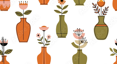 Seamless Floral Pattern Modern Vase Designs with Colorful Flowers in Vector Format