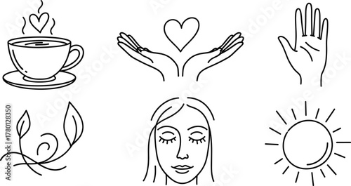 Minimalist symbolic line icons of love, peace, nature, meditation, sun energy, and wellness for lifestyle and mindfulness themes