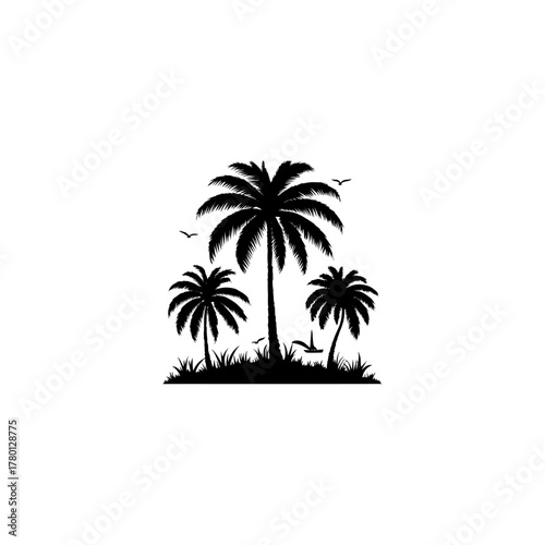 Set of palm trees silhouette art black and white vector illustration on white background