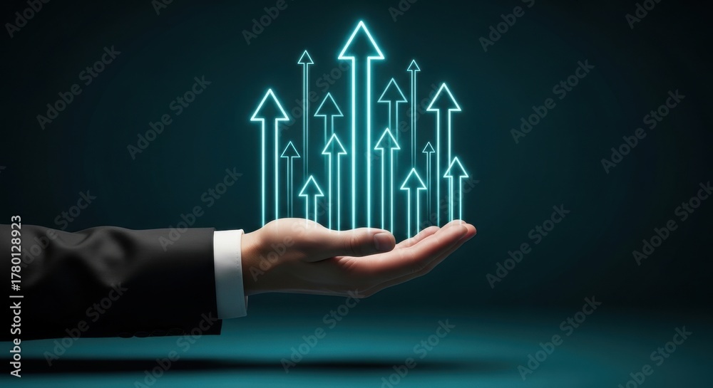 Fototapeta premium Hand holding digital arrows pointing upward, representing business growth