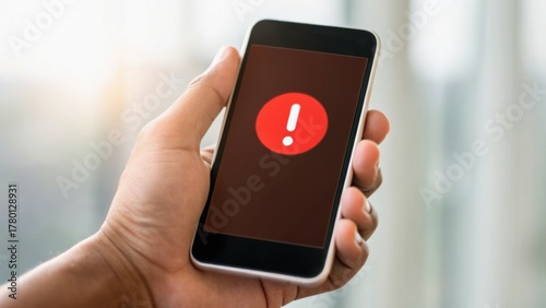 A hand holding a smartphone displaying a red alert icon on the screen, suggesting an important notification or warning.