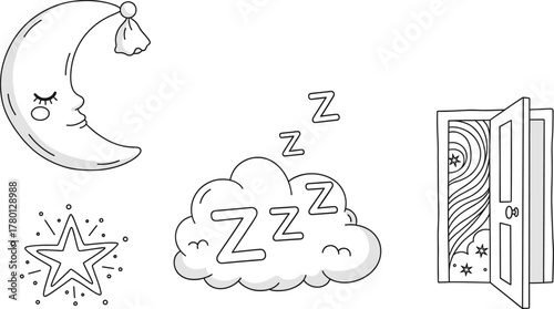 Sleep and dream icon set with moon, cloud, stars, Z symbols, open door for night, rest, calm, imagination