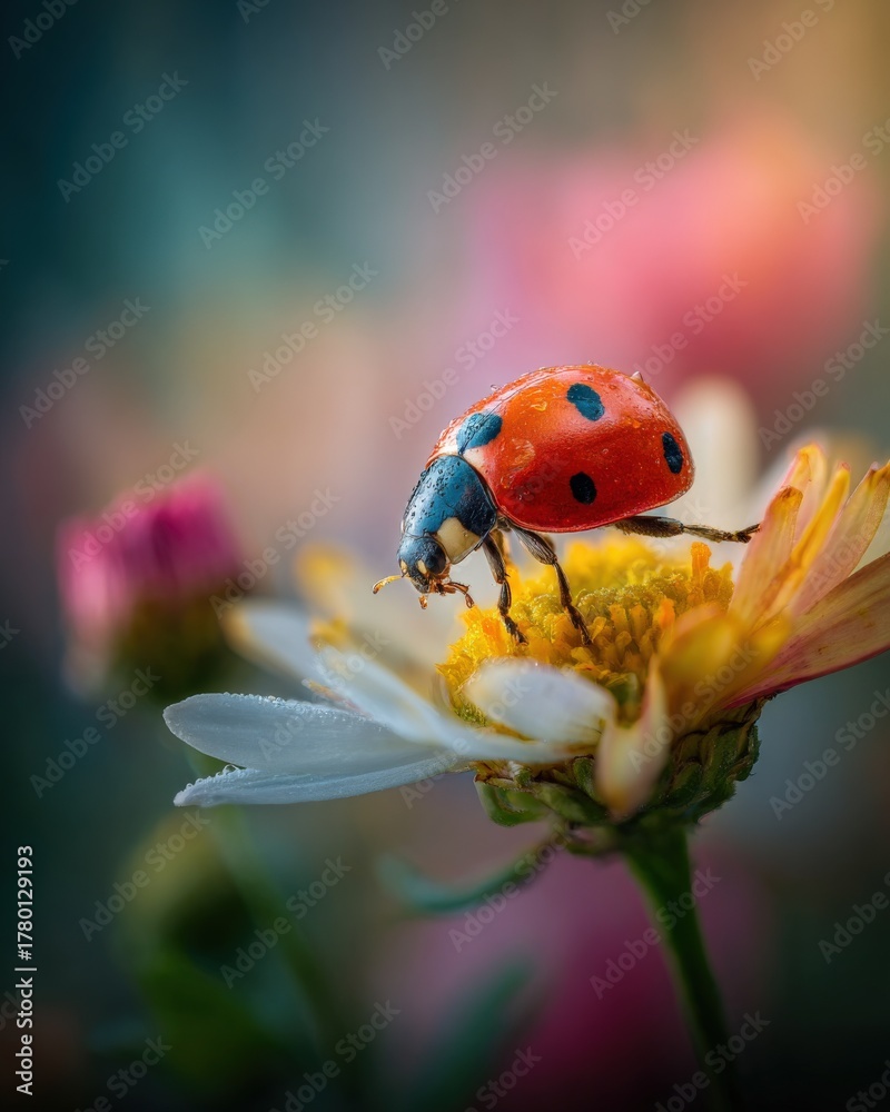 Fototapeta premium Ladybug on a Daisy Flower, Close-Up Macro Shot of Nature's Beauty and Vibrant Colors