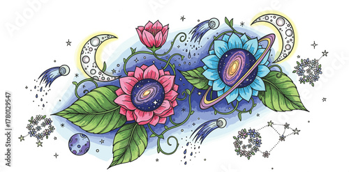 Surreal cosmic flowers with galaxy centers, planetary rings, stars, moons, and constellations in a dreamy space-botanical fantasy night sky illustration