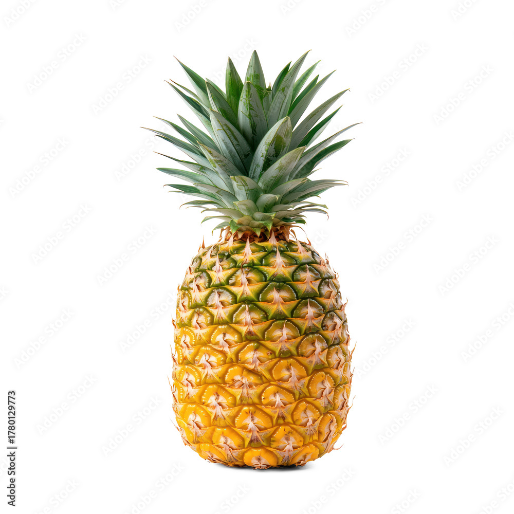 Fototapeta premium A tropical pineapple with spiky green leaves and golden-yellow skin. full length isolate on transparent background