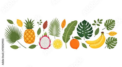 Tropical Fruit and Foliage Border Vibrant Vector Illustration for Summer Designs