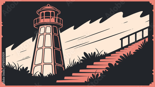Lighthouse illustration in vintage style with a, perfect for coastal enthusiasts and vintage design lovers alike