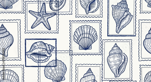 Ocean Postcards Seashell Stamp Pattern for Nautical Designs and Coastal Decor