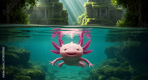 Smiling pink axolotl swimming in the crystal clear waters of a forgotten jungle temple