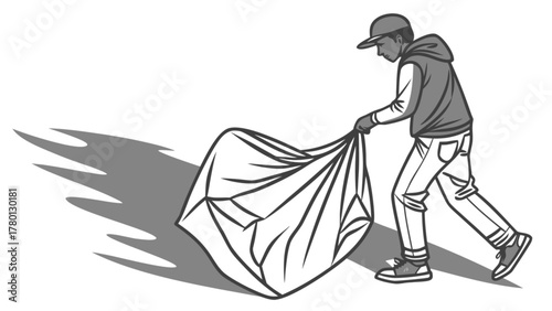 A man in casual clothes is carrying a large, empty bag, possibly for collecting trash or doing yard work