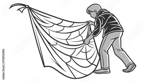 A person is holding a large spiderweb, possibly for decoration or a halloween costume