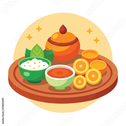 Spa ingredients set on wooden tray flat vector illustration