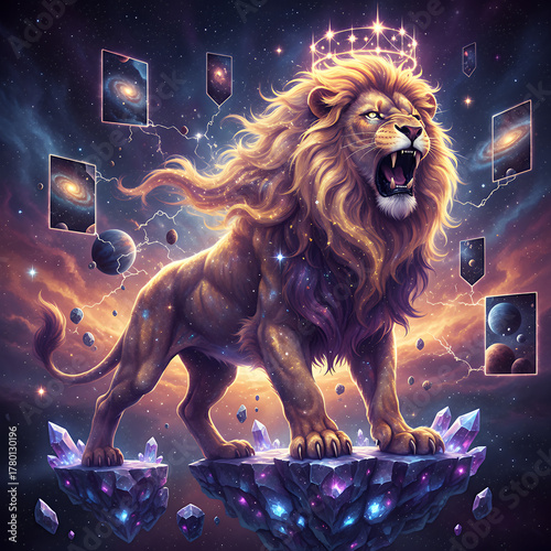 Neon Lion Roar – Powerful lion lit with neon purple and gold hues, roaring amidst a galactic storm of swirling light and motion
