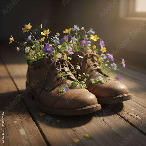 Forgotten Boots Blossom – Old worn-out boots transformed into quirky flower pots, filled with delicate blooms in warm window light
