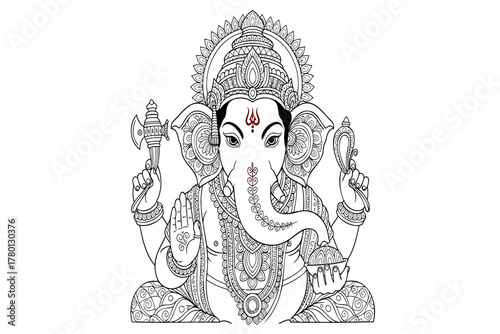 Intricate Ganesha deity illustration, divine wisdom and prosperity symbol for cultural projects