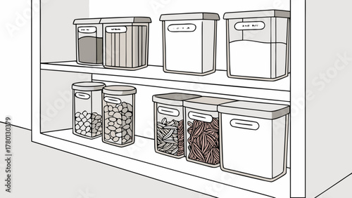 Illustration of pantry shelves with food storage containers, showcasing organized kitchen storage solutions for dry goods