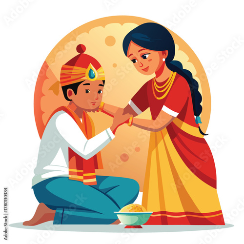 Indian siblings celebrating Raksha Bandhan tying rakhi festival flat illustration