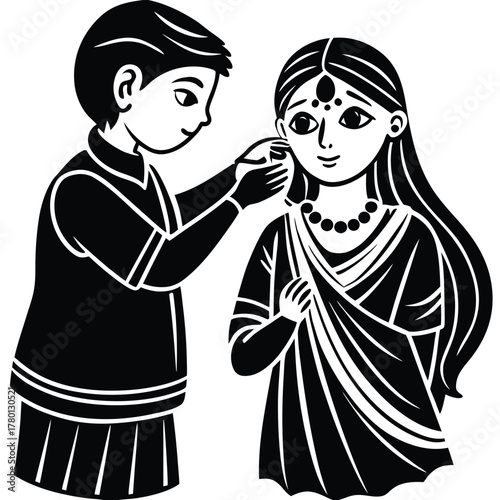 Traditional Indian Brother and Sister Bonding Black and White Illustration
