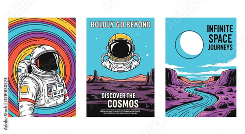 Astronaut in Psychedelic Space Landscapes Travel Posters Inspired by Cosmos and Journeys