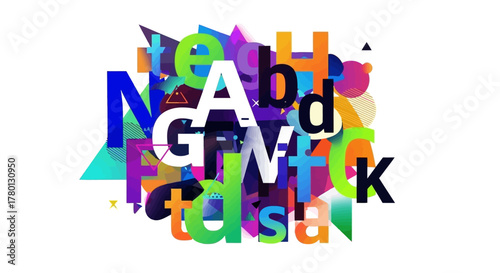 Colorful Collage of Letters and Shapes in a Dynamic Composition