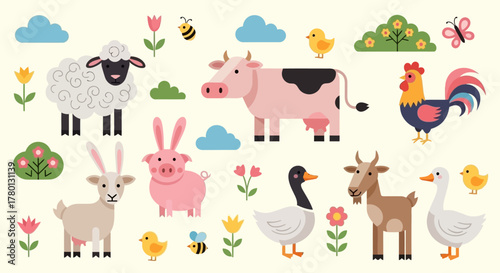 Farm Animal Friends Cute Icons of Sheep, Cow, Pig and More